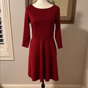 Red A-Line Dress with 3/4 Sleeves and Crew Neck